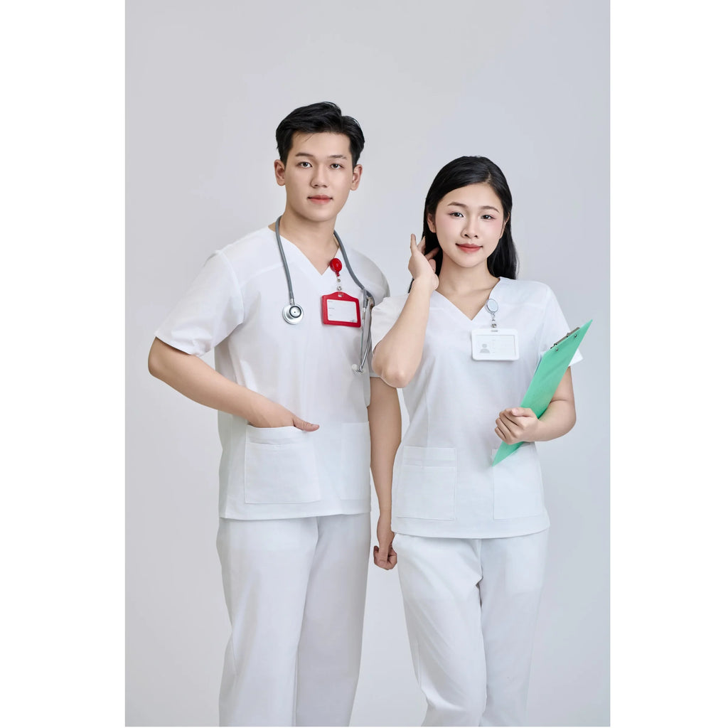 Unisex Medical Scrub White Set Fabric Needle Detection 52 Cotton 45 Polyester 3 Spandex WFX CVC FMF Vietnamese OEM