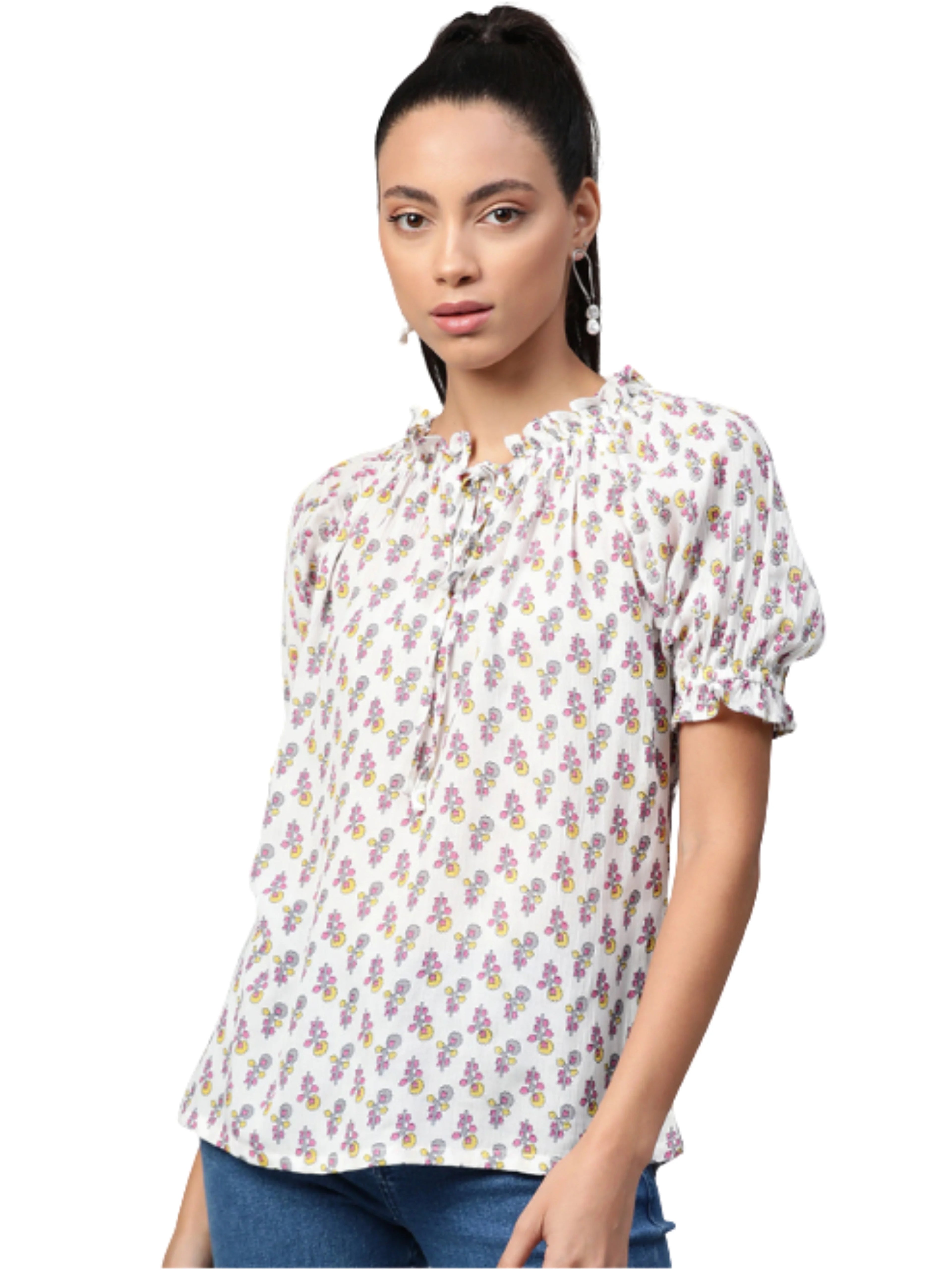White Cotton Crepe Floral Printed Top Ruffle Frill Detail Short Sleeves Styled Simple Fit Soft Everyday Wear Look Eco-Friendly