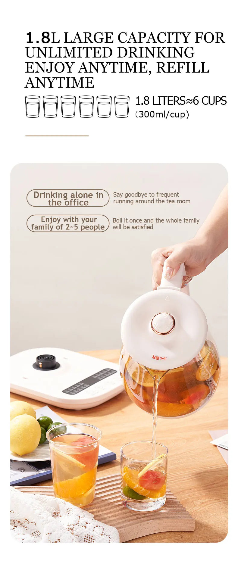 SUNATUR Kettles Electric Glass 220V Multifunction Health Pot Milk Fruit Tea Coffee Water 800W 24-hour Heat Preservation