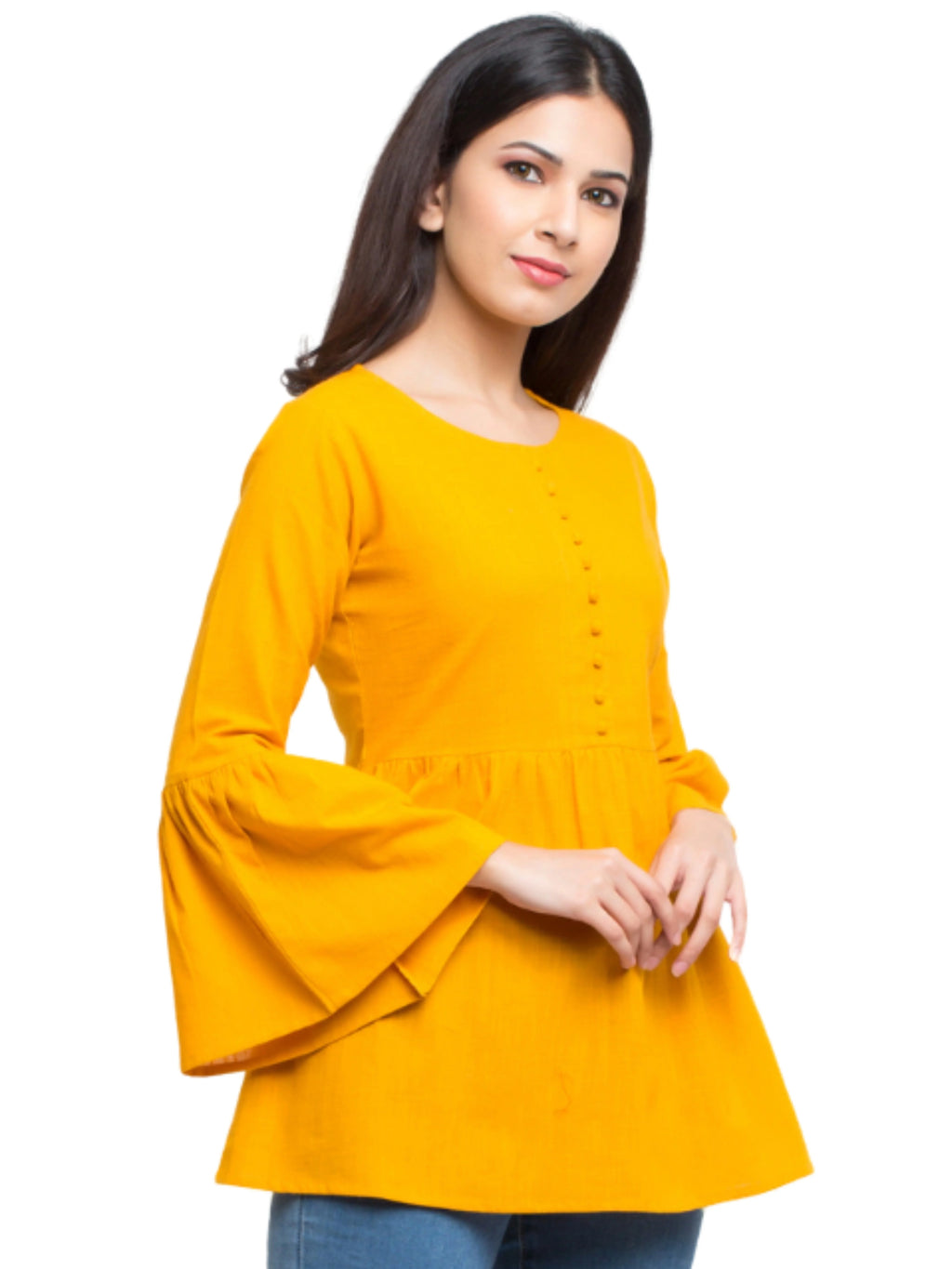 Women's best solid yellow pure cotton slub women's ready to wear bell sleeves and round neck top wholesale price latest design