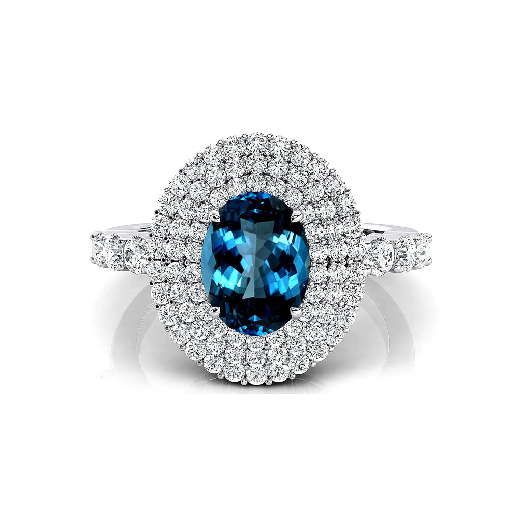 100% Natural London Blue Topaz Gemstone Halo Style Engagement Rings in 18kt Solid Gold Studded With Round Cut Diamonds Jewelry