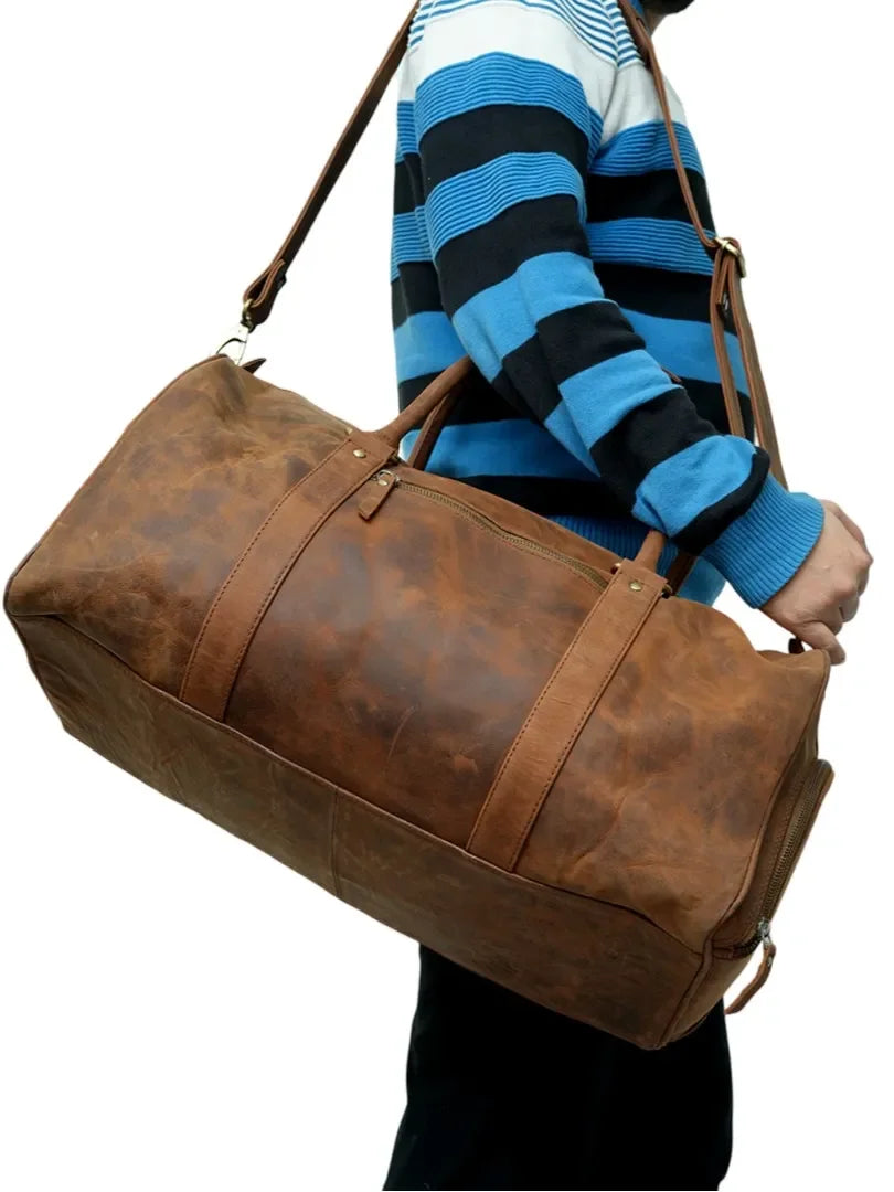 WRIZA Genuine Leather Weekender Bag Vintage Travel Duffel Bag Durable Handmade Overnight Bag Premium Mens Fashionable Carry Bag