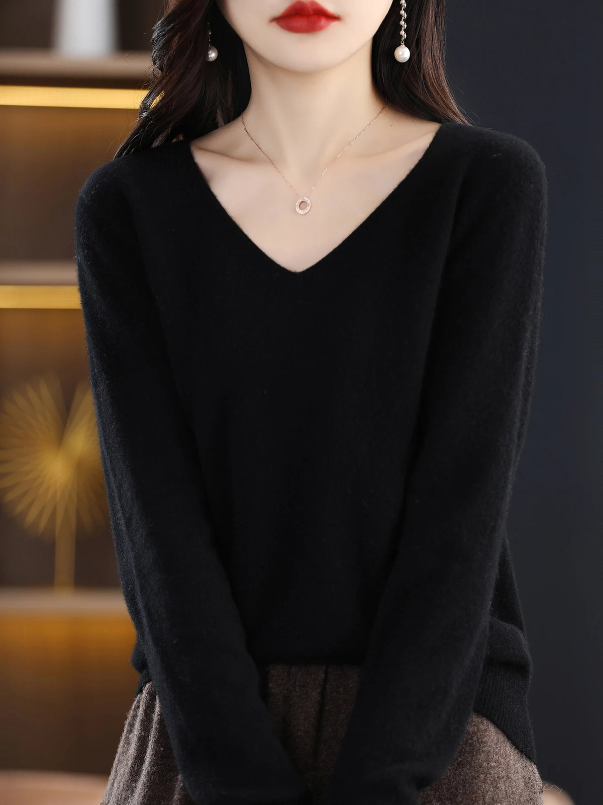 Sweater for Women 100% Merino Wool V Neck Sweater Fall Winter Basic Warm Pullovers Long Sleeve Soft Knit Jumpers Female Clothing