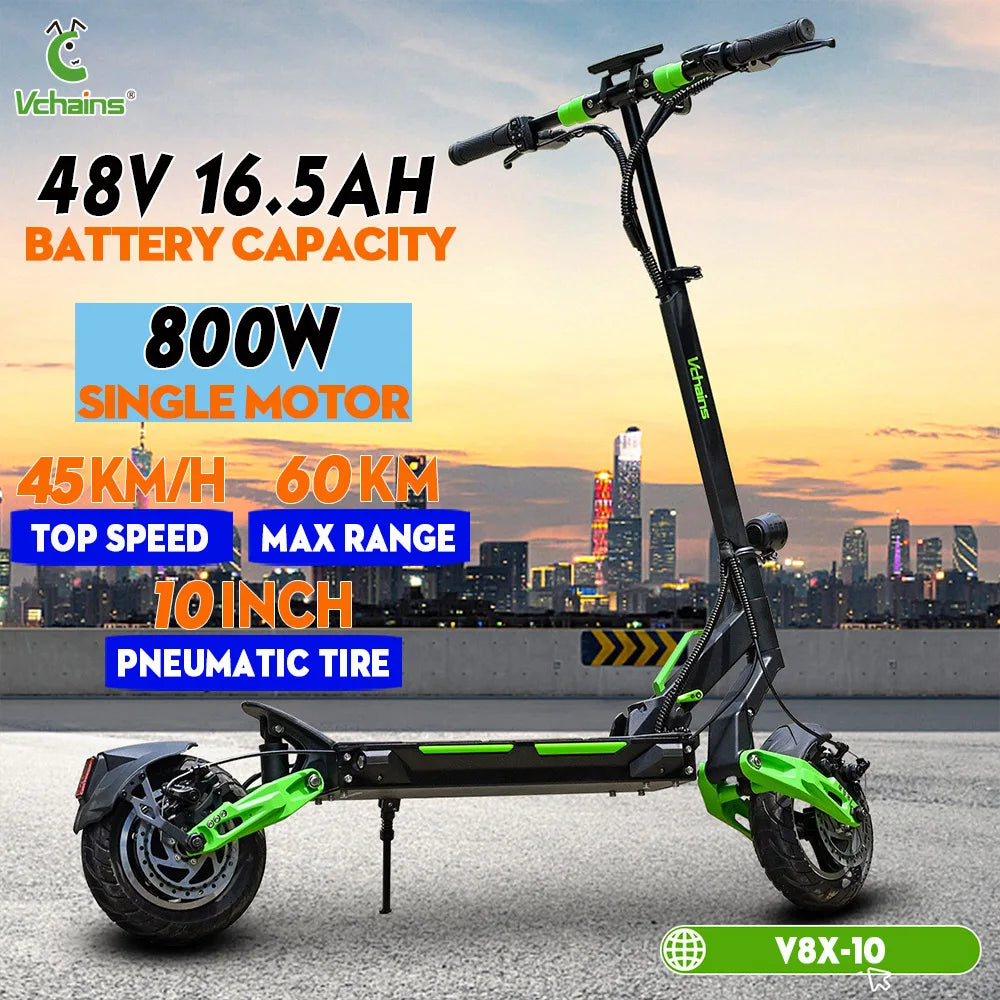 Vchains Factory V8X City patinete eléctrico 800W 48V16.5AH 10 Inch Tire Speed 45km/h Range 60km Adult Foldable Electric Scooters