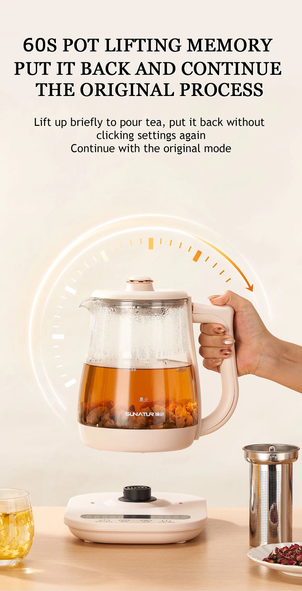 SUNATUR Kettles Electric Glass 220V Multifunction Health Pot Milk Fruit Tea Coffee Water 800W 24-hour Heat Preservation