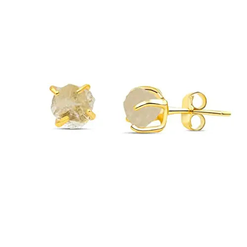 5-7mm Raw Crystal Quartz Stone Rose Gold Plated Prong Set Stud Earring Handmade Dainty Minimalist Clear Gemstone for Women