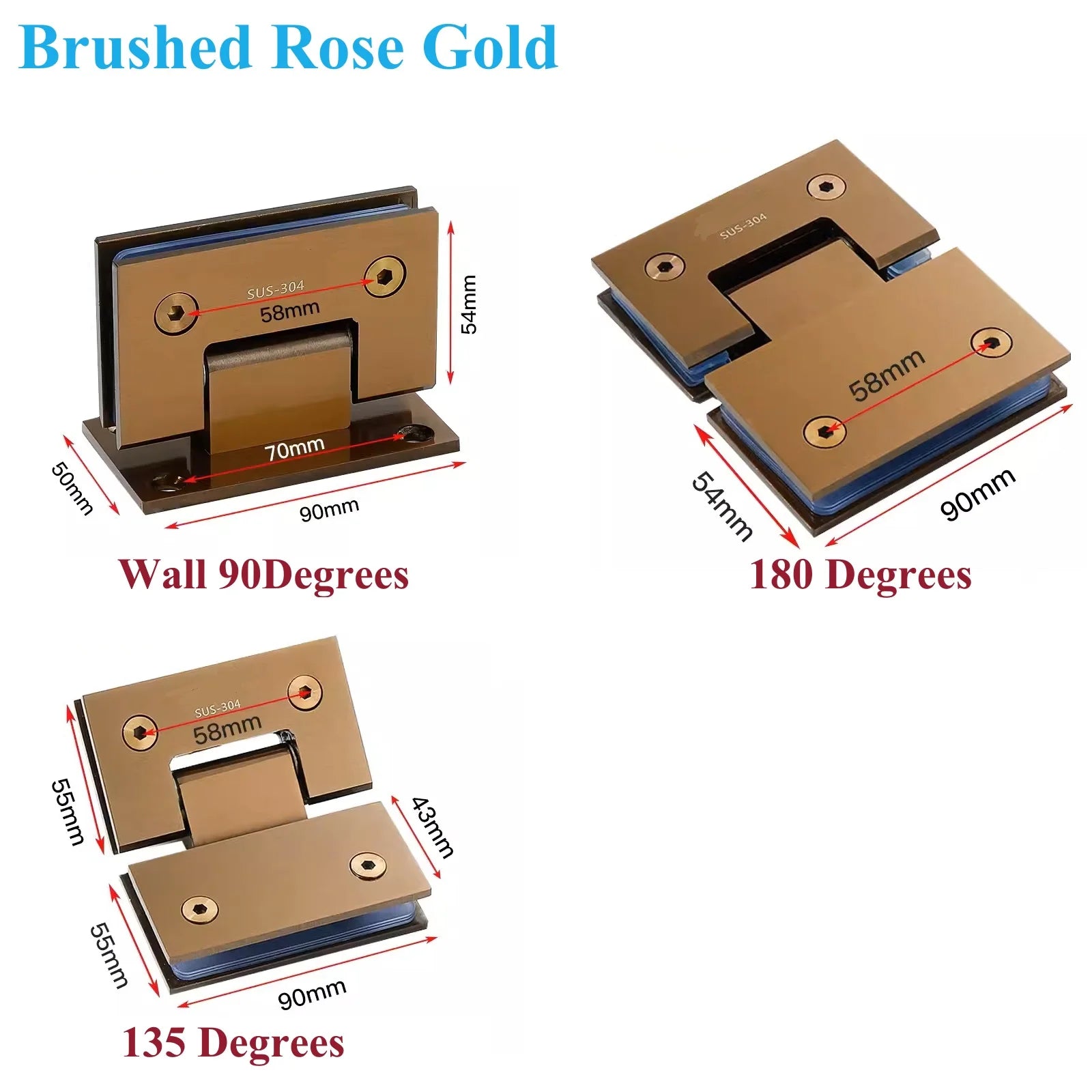2Pcs 304 Stainless Steel Shower Enclosure Door Hinge 90 135 180 Degrees Rose Gold Matte Black Mirror Antique Bronze White