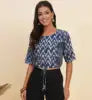 Blue Cotton Zigzag Printed Blouse Neck Three Quarter Sleeves 2-piece Set Eco-friendly Breathable Summer Daily Wear S-M Size