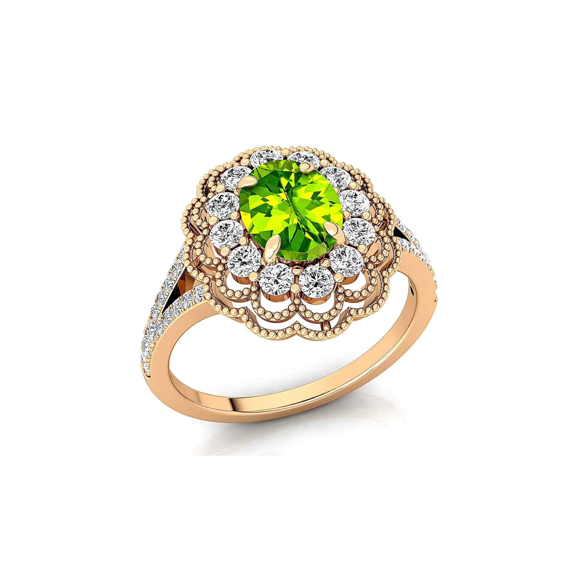 Trendy 14K Gold Oval Shape Natural Peridot Gemstone Cluster Real Cut Diamonds Halo Diamond Engagement Wedding Rings ODM Supplier