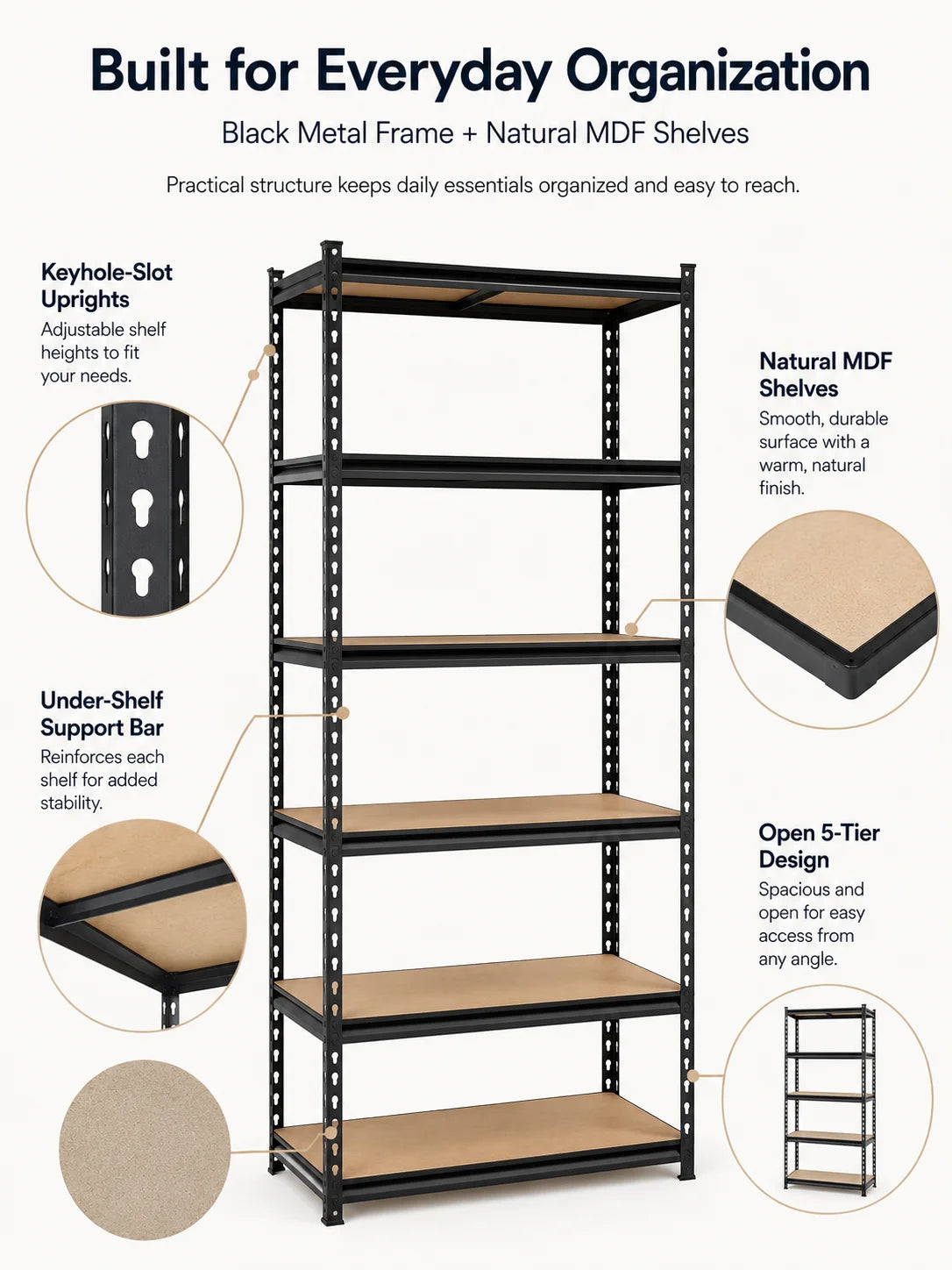 Heavy Duty 5-Tier Metal Shelving Unit with MDF Shelves, Adjustable Boltless Storage Rack Utility Organizer for Garage Basement Pantry