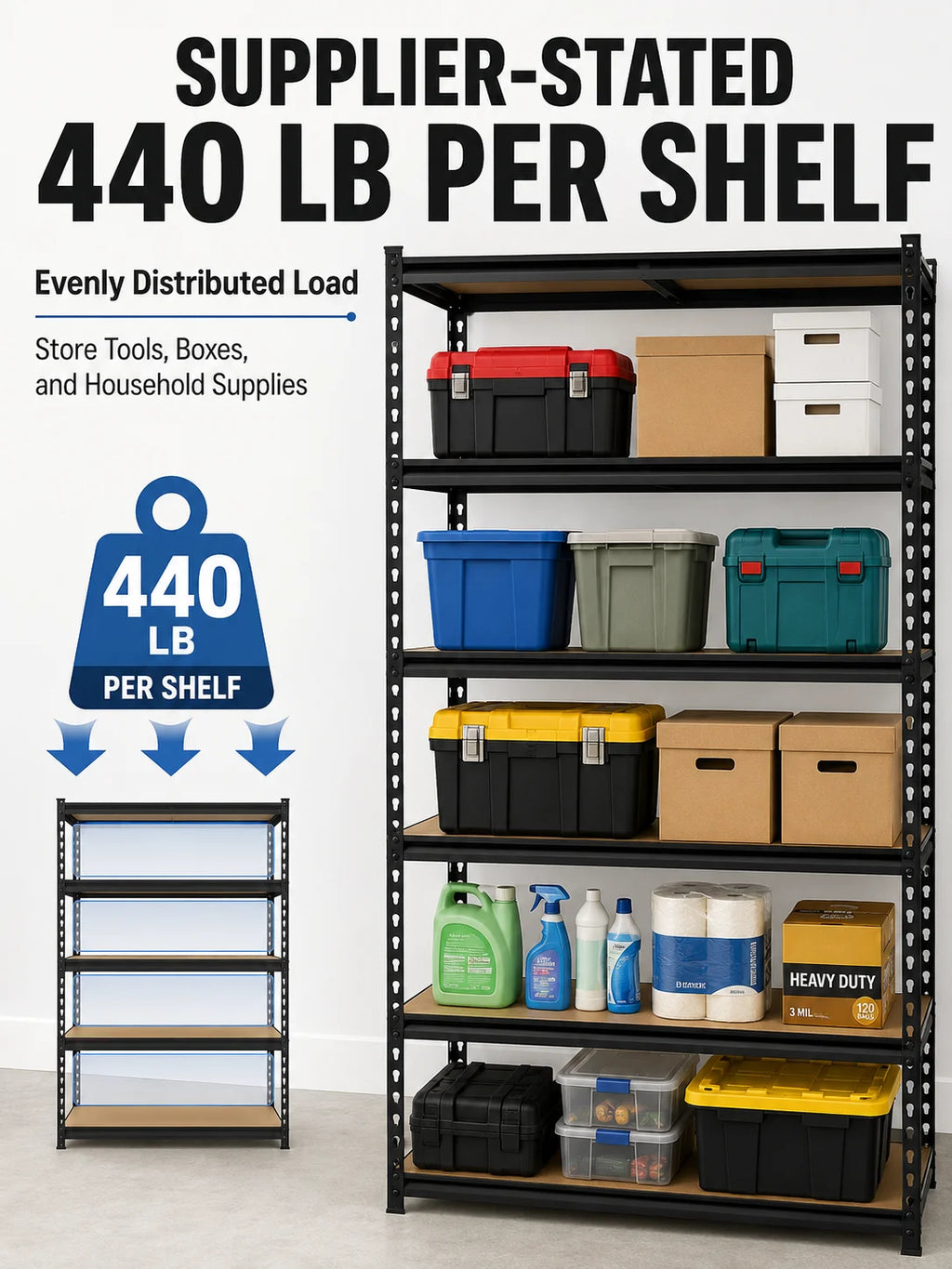 27.6'W X 60'H 5-Tier Garage Shelving Unit, 2200 LBS Heavy Duty Storage Shelves, Metal Rack with MDF Board, Screw Assembly Adjustable Utility Organizer for Basement Pantry Kitchen Laundry Closet, 440 LBS Load Per Shelf, 1 or 2