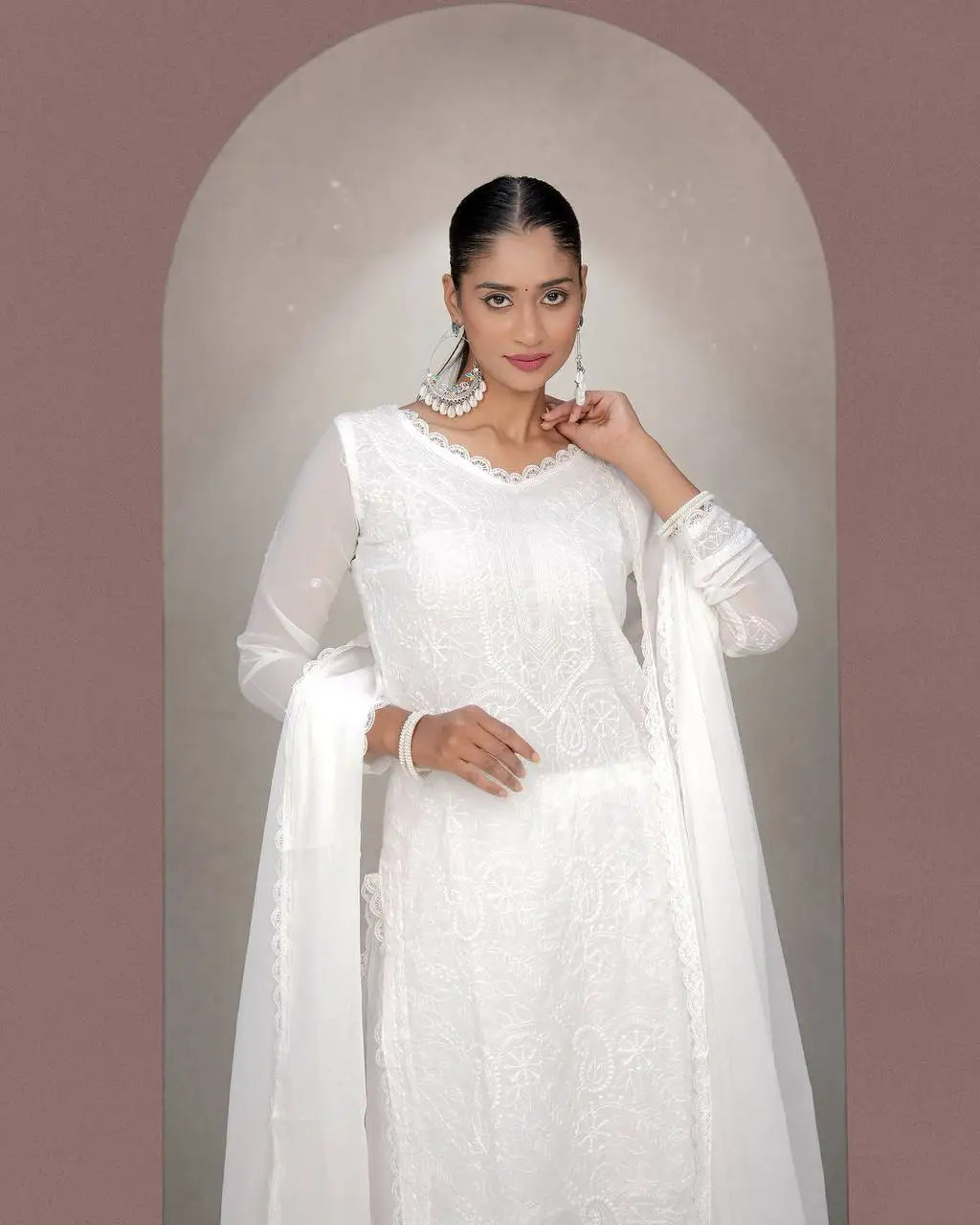 ND Designer Indian & Pakistani Party Wear Suit with Pant & Dupatta Red Size M Embossed Elegant for Special Occasions Women
