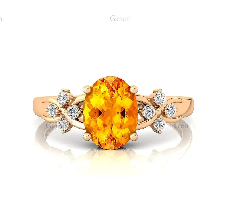 Heirloom Quality 14K Solid Gold Unique Oval Shape Natural Citrine Gemstone & Real IGI Certified White Diamonds Fine Bridal Rings
