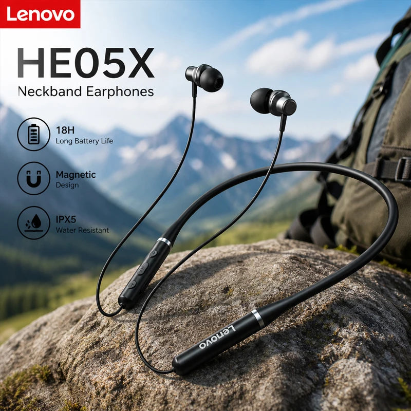 Lenovo HE05X Neckband Earphones Wireless Bluetooth 5.0 Earbuds Waterproof Sport Headset with Mic Magnetic Neckband Earphone New