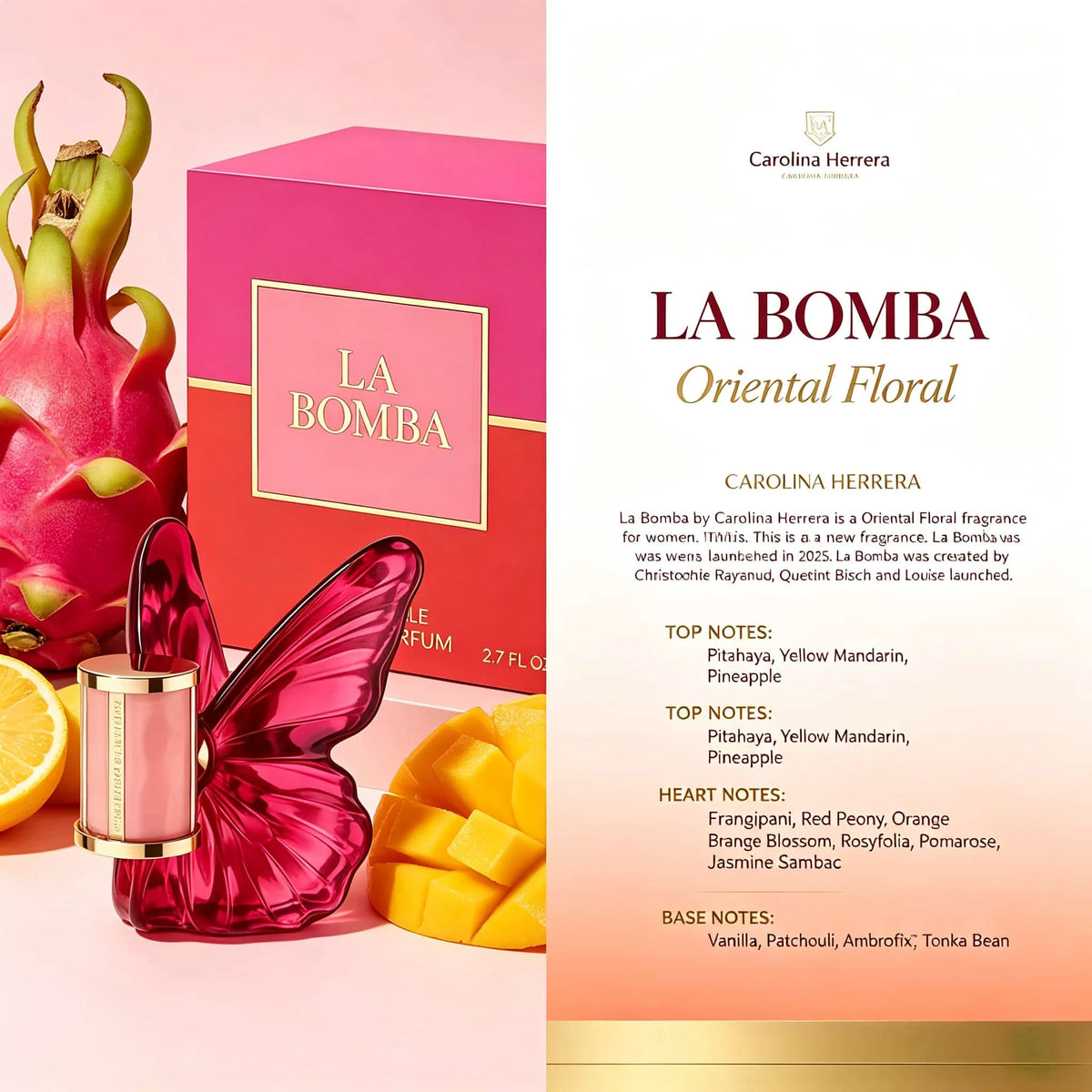 Carolina Herrera La Tropical Flower and Fruit Perfume, 2.7 oz. 80 ml, Tropical Fruit Fragrance+Floral Opening Vanilla+Patchouli Middle Note Warm Wood Finish | Daily Commuting/Weekend Outing/Birthday/Holiday Gifts