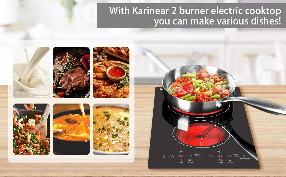 Karinear 2 Burners Electric Cooktop, 120v Plug in Ceramic Cooktop, 12 Inch Countertop & Built-in Electric Stove Top with Child Safety Lock, Timer, Over-Temperature Protection, Sensor Touch Control