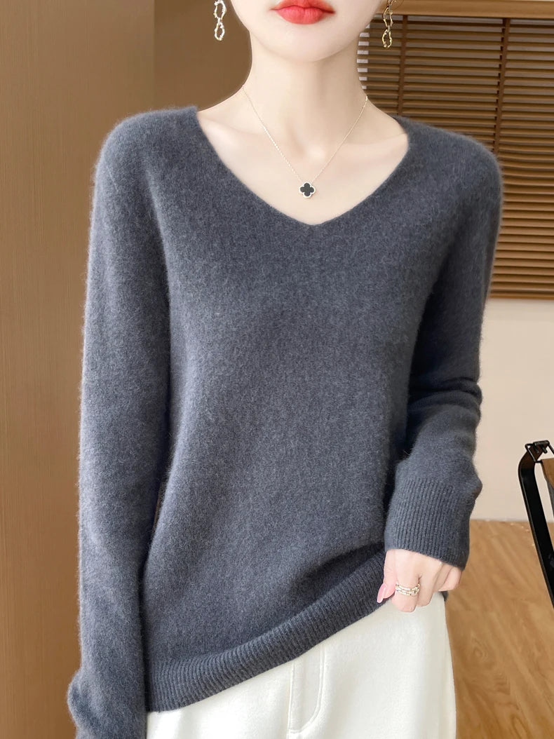 Sweater for Women 100% Merino Wool V Neck Sweater Fall Winter Basic Warm Pullovers Long Sleeve Soft Knit Jumpers Female Clothing