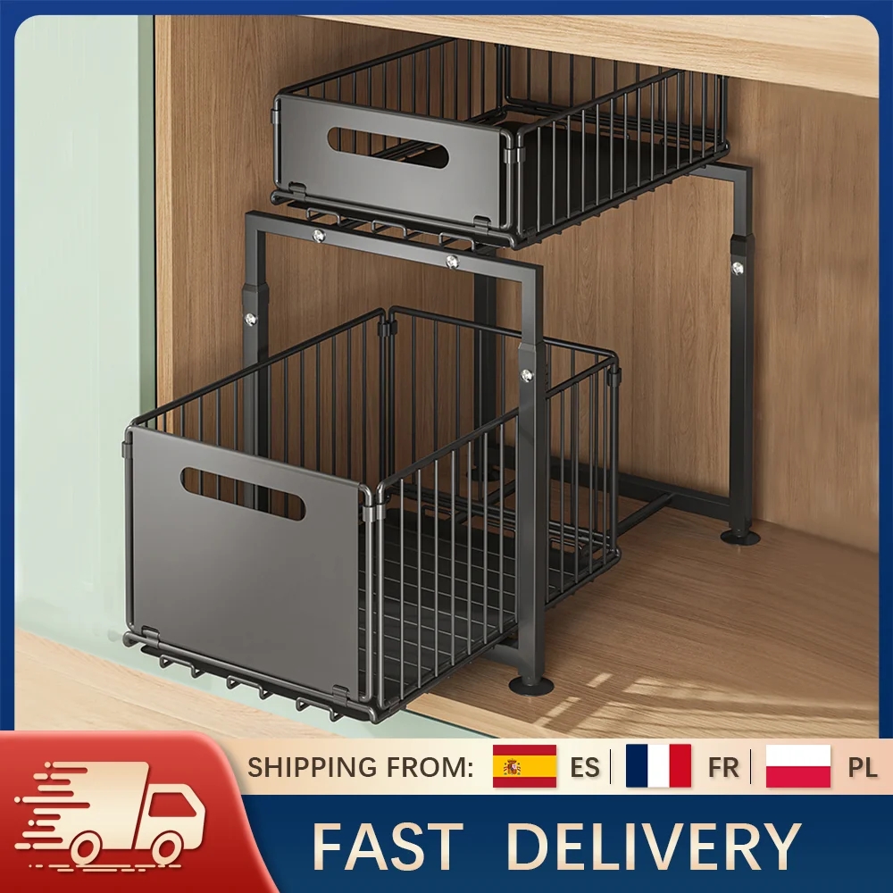 2 Tier Pull Out Cabinet Organizer Drawer Height Adjustable Kitchen Rack for Cabinet Under Sink Organizer Spice Jar Storage Shelf