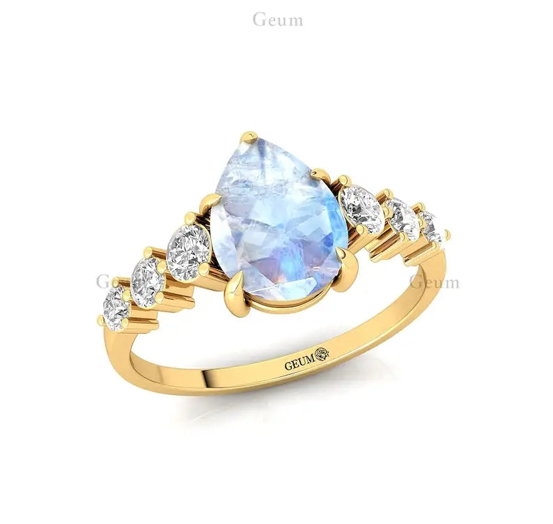 Fabulous Pear Shape Natural Rainbow Moonstone Gemstone Bridal Cluster Rings in 18k Solid Gold with Round Cut Real Diamonds Ring