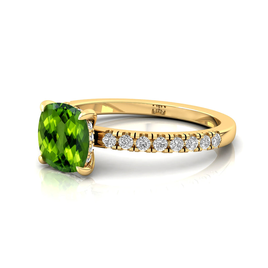 Cushion Cut Natural Green Peridot Gemstone & Real Diamond Cluster Rings in 18K Solid Rose Gold Rings For Engagement OEM