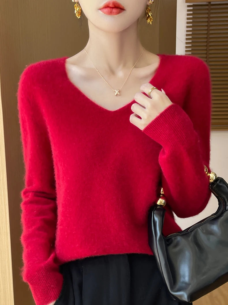 Sweater for Women 100% Merino Wool V Neck Sweater Fall Winter Basic Warm Pullovers Long Sleeve Soft Knit Jumpers Female Clothing