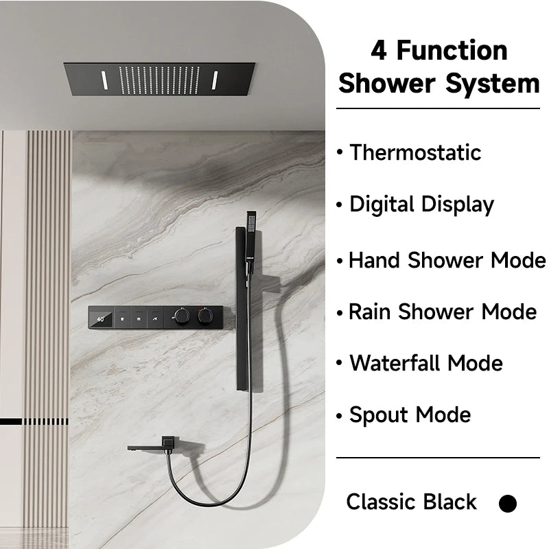 630×330mm Ceiling Thermostatic Shower System Concealed Brass Rainfall Waterfall 4 Function Digital Display Anti-Scald Bathroom S