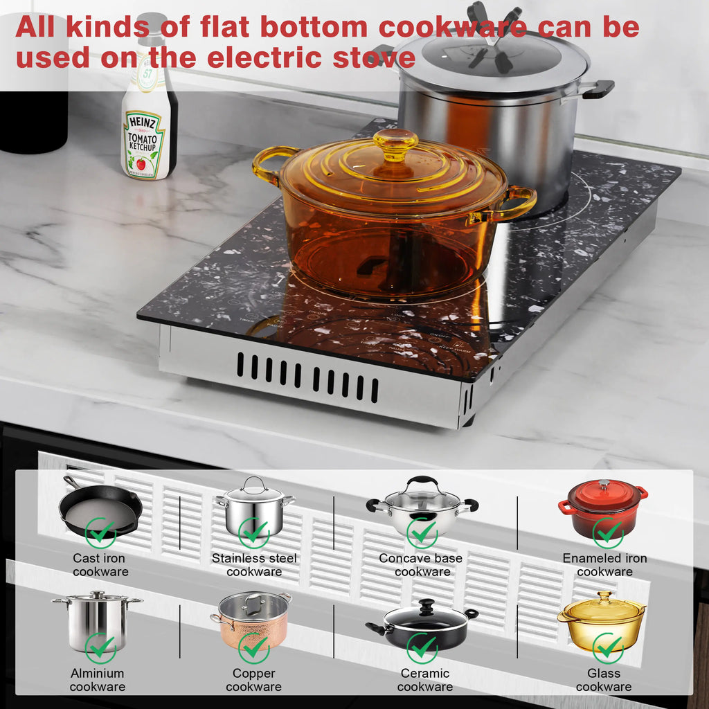 Karinear 2 Burners Electric Cooktop, 120v Plug in Ceramic Cooktop, 12 Inch Countertop & Built-in Electric Stove Top with Child Safety Lock, Timer, Over-Temperature Protection, Sensor Touch Control