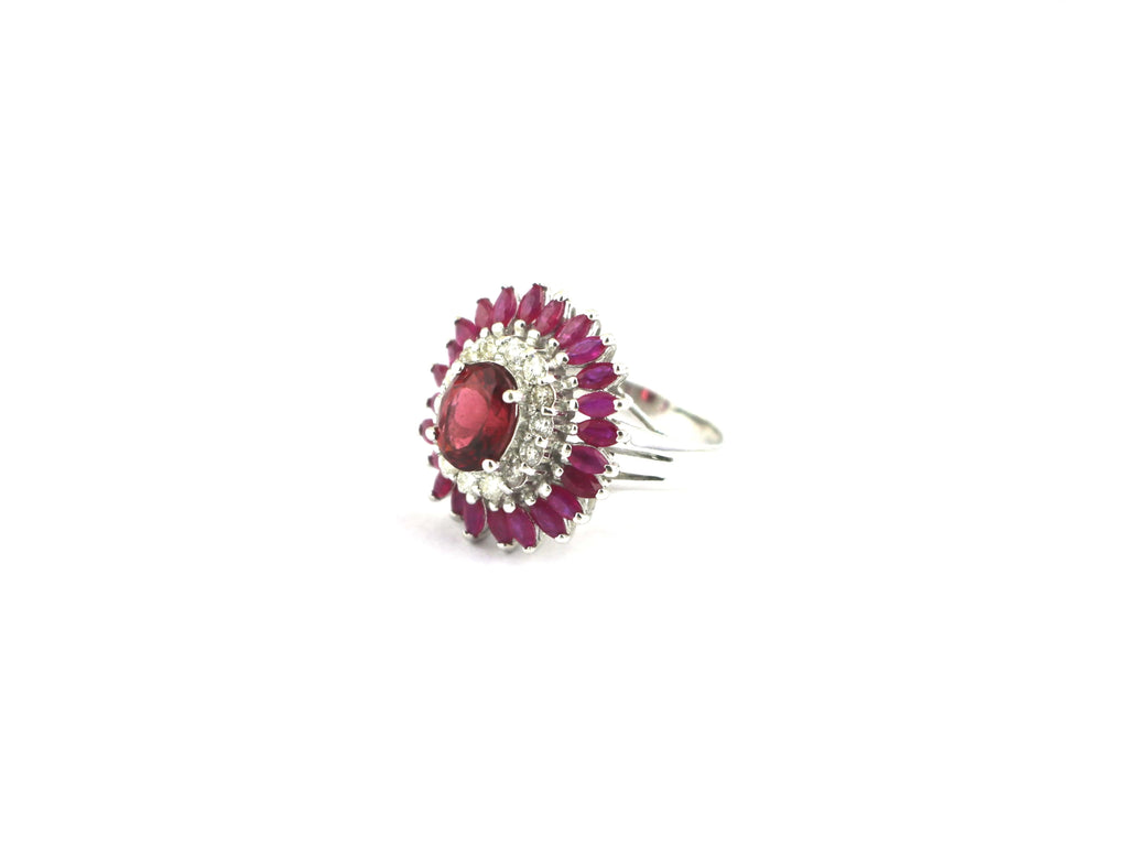 Ruby 925 Sterling Silver Flower Handmade Chunky Halo Anniversary Gemstone Ring For Women
