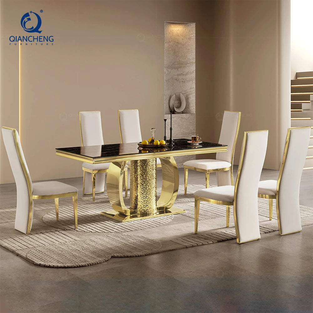Italian Household Dining Room Furniture Golden Stainless Steel Frame Glass Top Dining Table Modern Luxury
