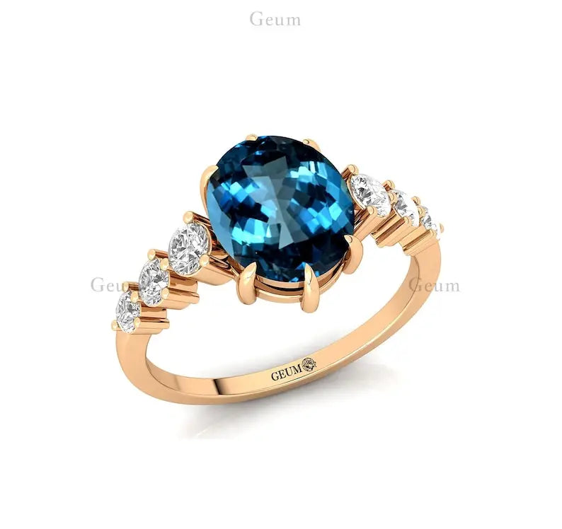 Elegant Design Oval Cut Natural London Blue Topaz Gemstone Cluster Rings in 18k Solid Gold With Real Diamonds Fine Bridal Rings
