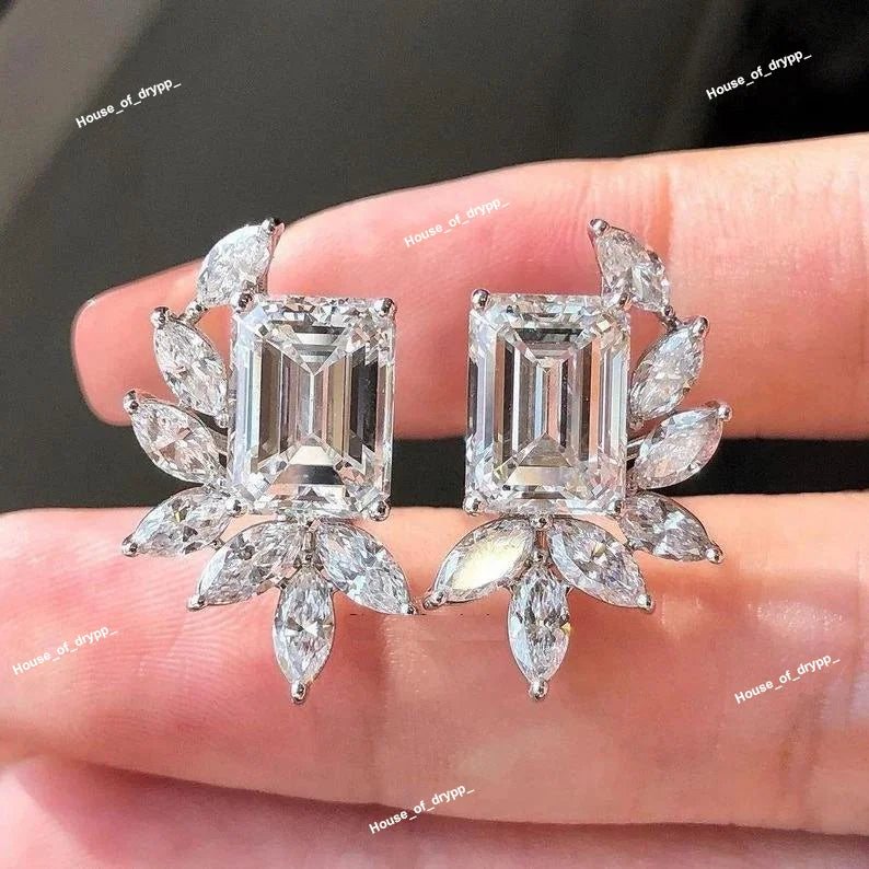 Elegant Silver Moissanite Diamond Earrings in Sterling Silver Emerald Cut Diamond Earrings With Marquise Accents For Women