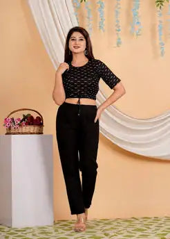 Black Cotton Ikat Printed 2-Piece Formal Blouse Set Short Sleeves Regular Fit Eco-friendly Quick Dry Breathable Pattern