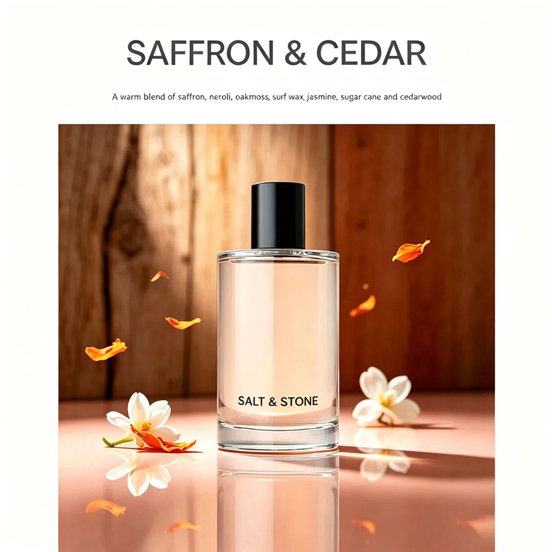 Saffron & Cedar SALT & STONE Women 100ml 3.4Oz Woody Spicy Perfume, Eye-catching Complex Scent Suitable for All Seasons, Sweet Sugar Cane Cedarwood Base