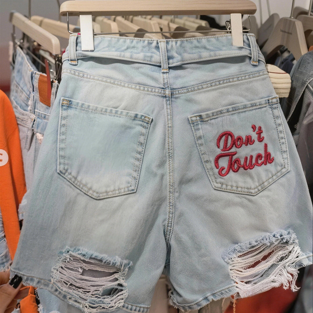 Women Ripped Raw Edge Denim Shorts Y2K Streetwear Popular Letter Embroidery High Waist Distressed Sexy Light Blue Denim Shorts