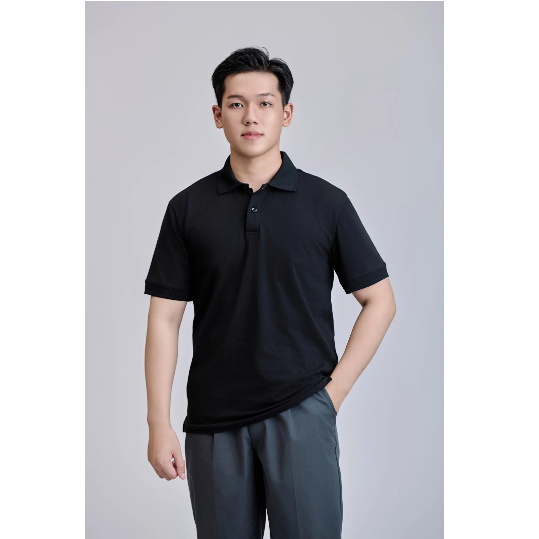 Vietnamese Made Front 200 Grams Casual Short Sleeve Button Regular Black Knitted TC 60% Cotton +40% Polyester for Shirt