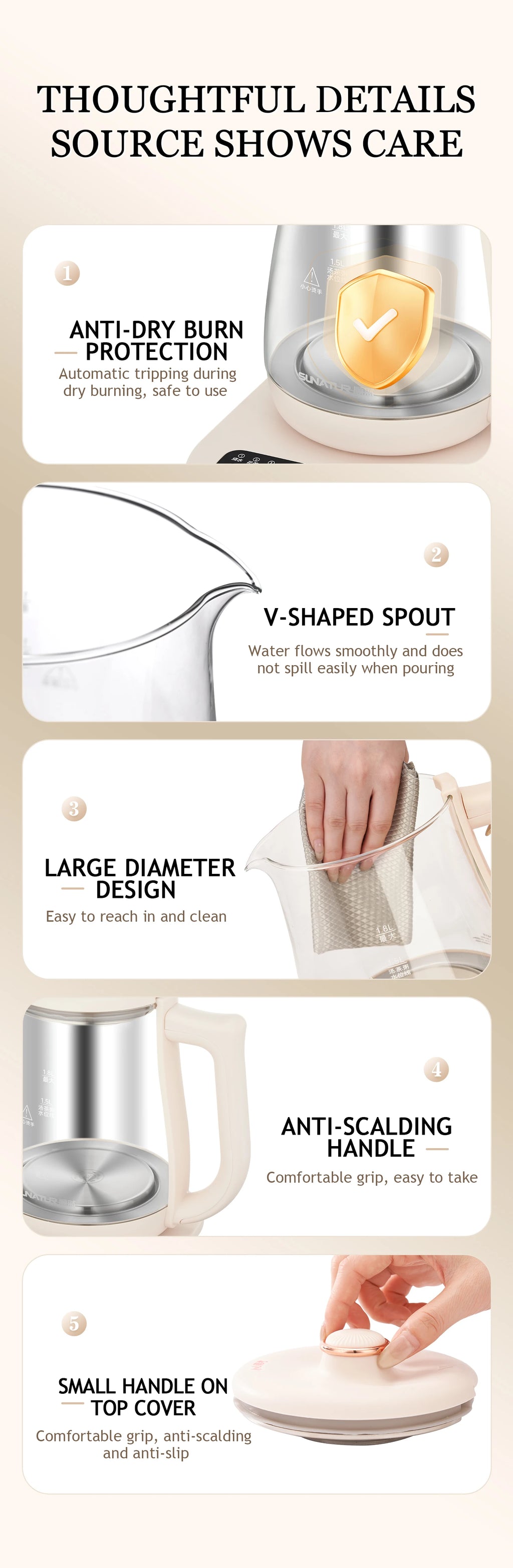 SUNATUR Kettles Electric Glass 220V Multifunction Health Pot Milk Fruit Tea Coffee Water 800W 24-hour Heat Preservation