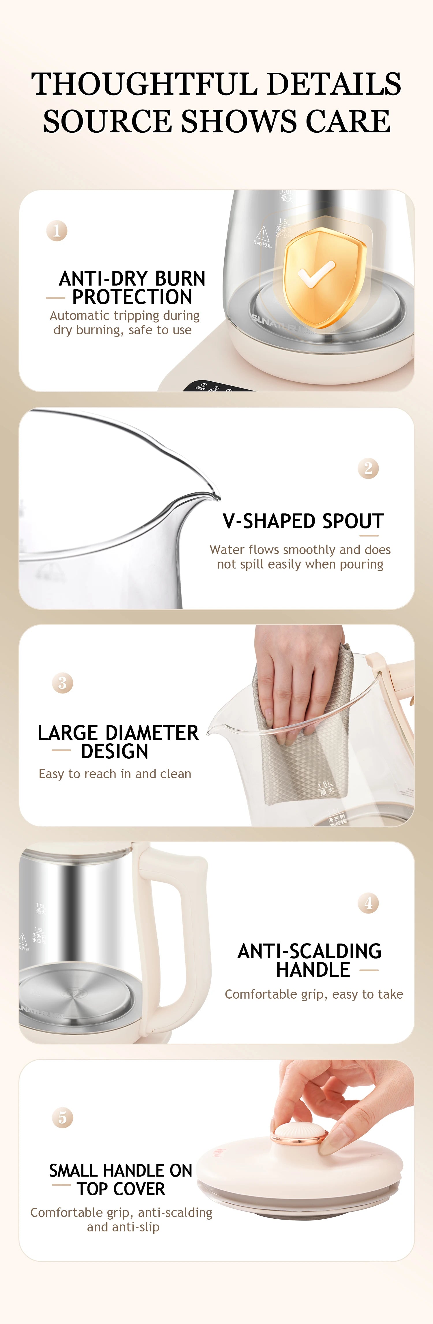 SUNATUR Kettles Electric Glass 220V Multifunction Health Pot Milk Fruit Tea Coffee Water 800W 24-hour Heat Preservation
