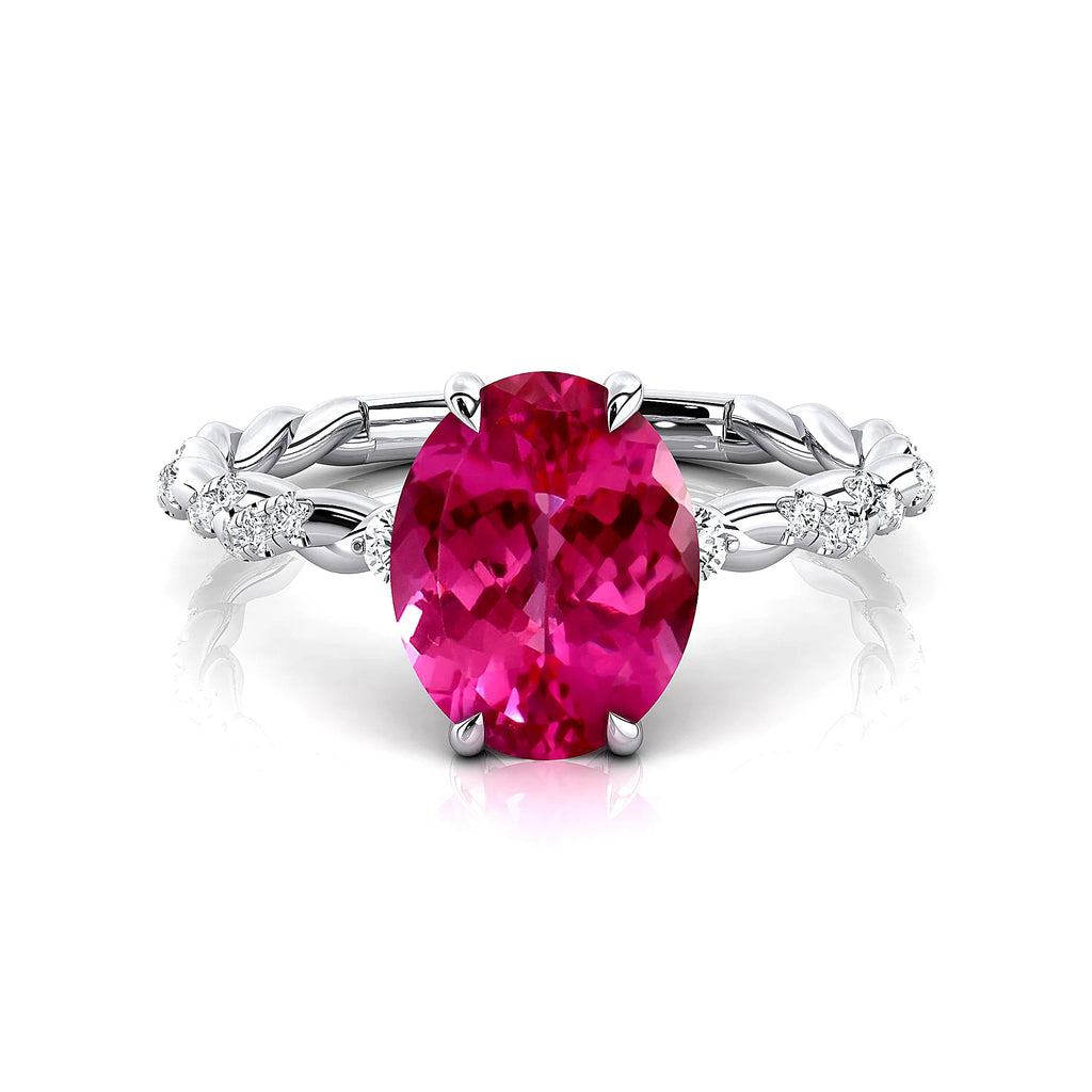 Lab Grown Pink Sapphire Gemstone & Real Diamonds Halo Cluster Bridal Wedding Rings 18k Solid Gold Rhodium Plated Premium