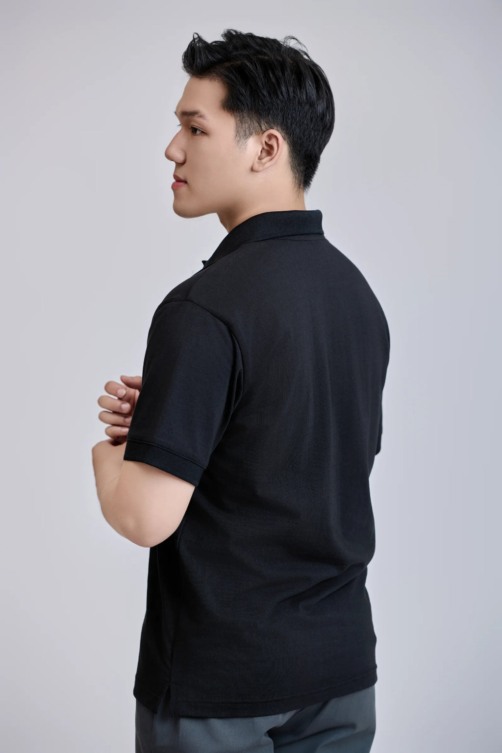 Front 200 Grams Short Sleeve Button Regular TC 60% Cotton +40% Polyester Casual Knitted for Shirt Black Vietnamese Made