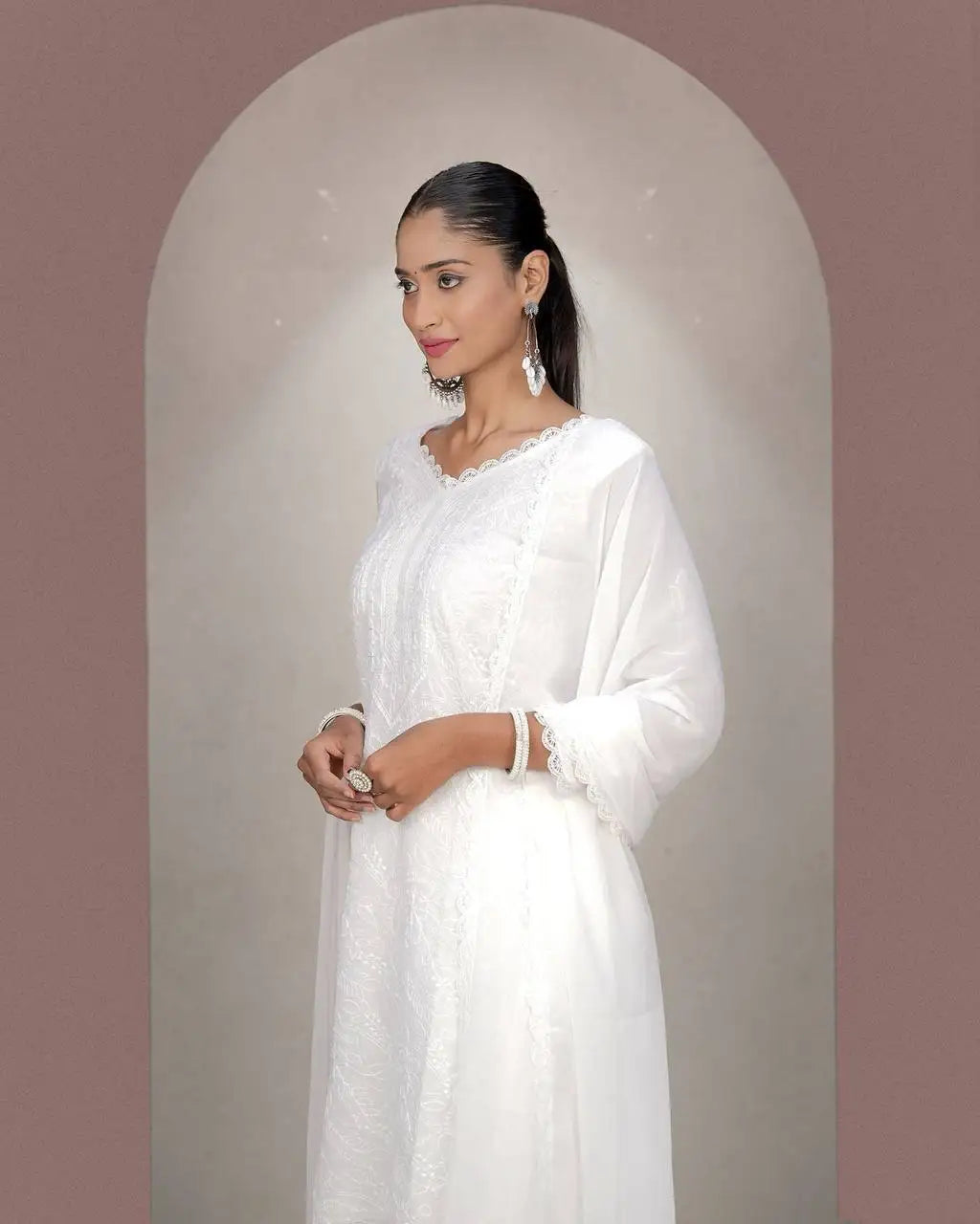 ND Designer Indian & Pakistani Party Wear Suit with Pant & Dupatta Red Size M Embossed Elegant for Special Occasions Women