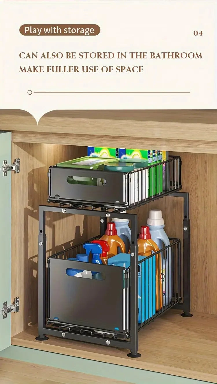 2 Tier Pull Out Cabinet Organizer Drawer Height Adjustable Kitchen Rack for Cabinet Under Sink Organizer Spice Jar Storage Shelf