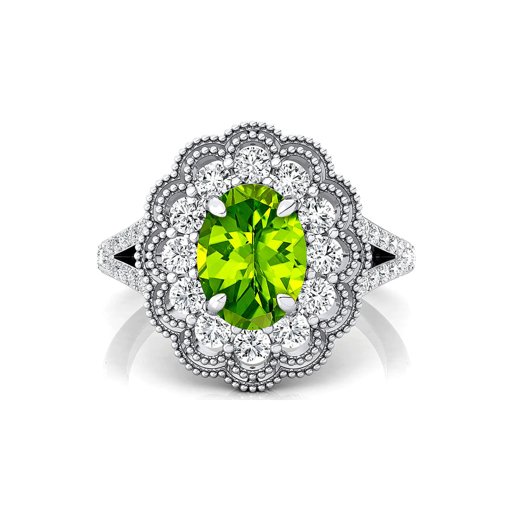 Trendy 14K Gold Oval Shape Natural Peridot Gemstone Cluster Real Cut Diamonds Halo Diamond Engagement Wedding Rings ODM Supplier