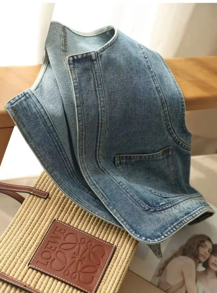 Denim Vest Ladies Clothes Clearance Sleeveless Round Neck Casual Crop Denim Waistcoat Streetwear Fashion Vests For Women 2026