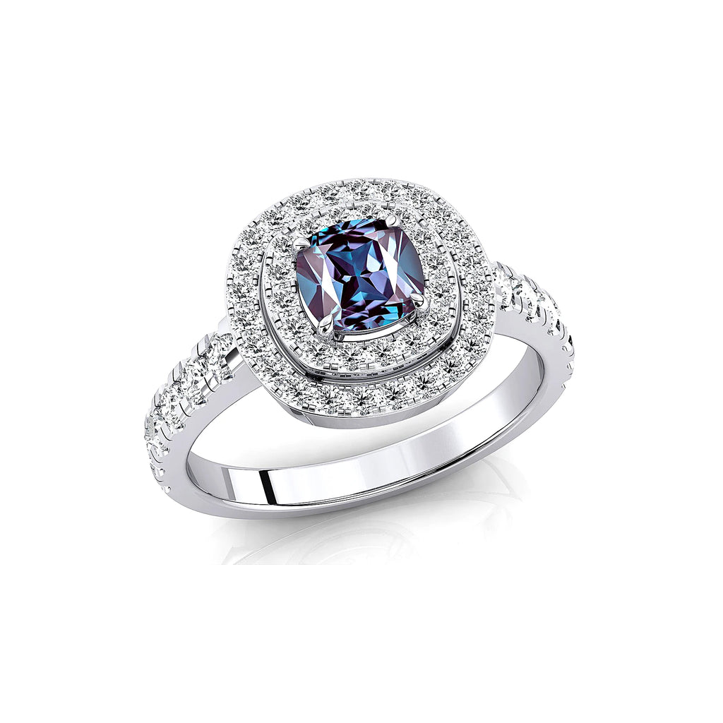 18k Solid Gold Handmade Rings Cushion Cut Lab Grown Alexandrite Gemstone and Real Diamonds Wedding Rhodium Plated Halo Ring
