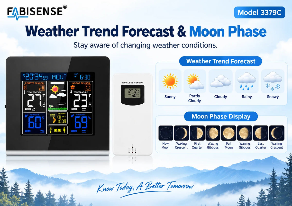 FABISENSE Wireless Weather Station with Indoor Outdoor Sensor Thermometer Hygrometer, Forecast Barometer Moon Phase, USB Powered