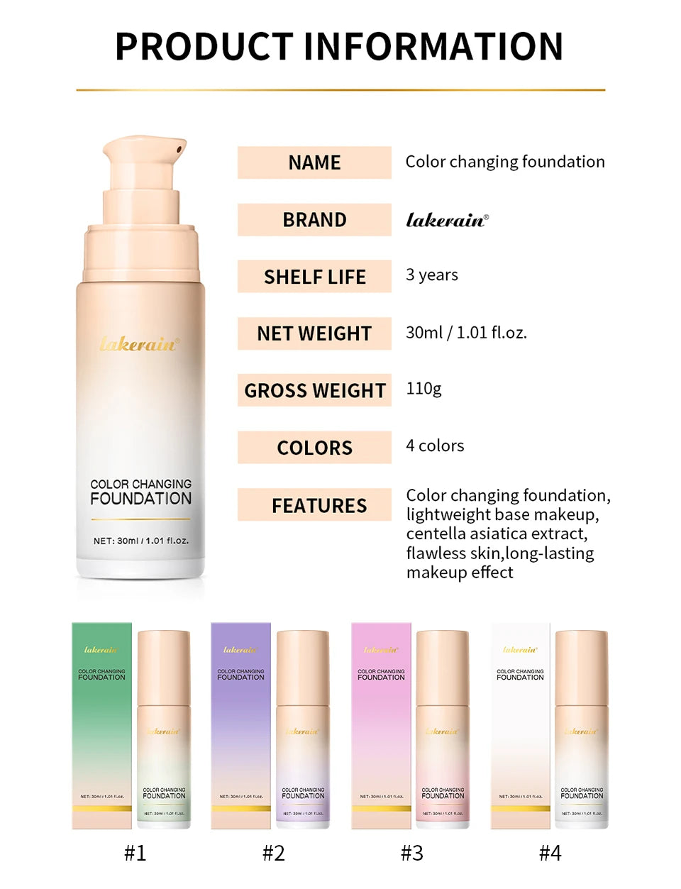 Color Changing Foundation Long-Lasting Makeup Effect Magic Foundation High Coverage Self-Coloring Cc Cream Cosmetics