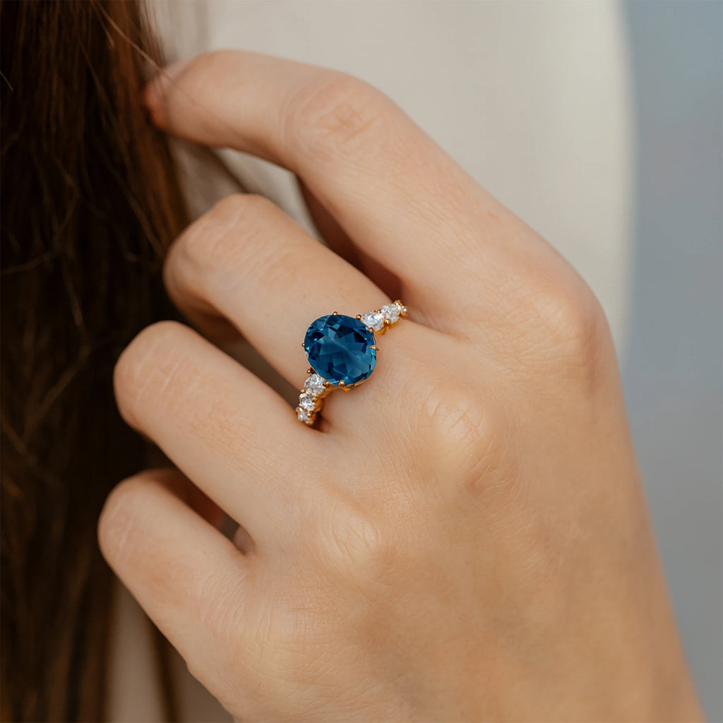 Elegant Design Oval Cut Natural London Blue Topaz Gemstone Cluster Rings in 18k Solid Gold With Real Diamonds Fine Bridal Rings
