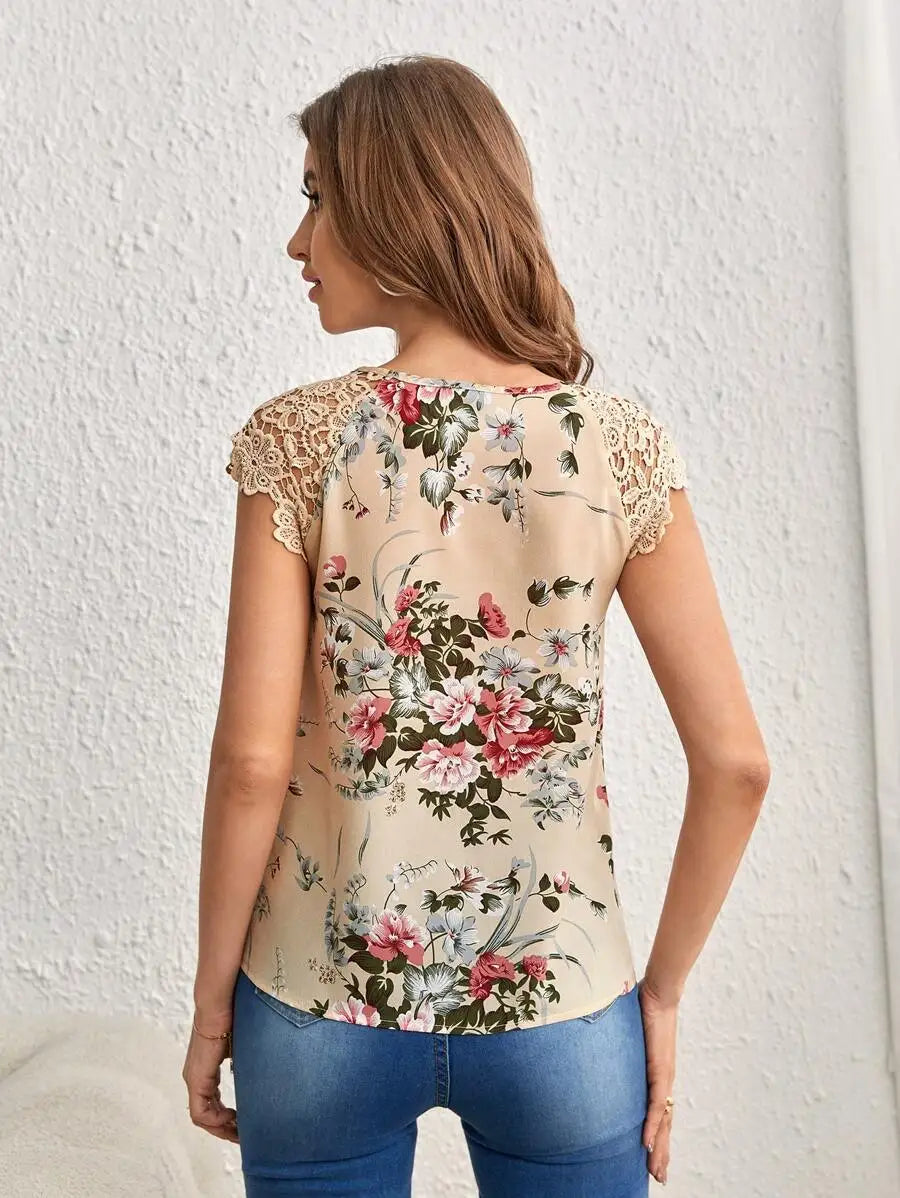 Women Beige Floral Print Blouse Round Neck Keyhole Shoulder Lace Sleeveless Top Spring Summer Sweet Elegant Daily Casual T-Shirt