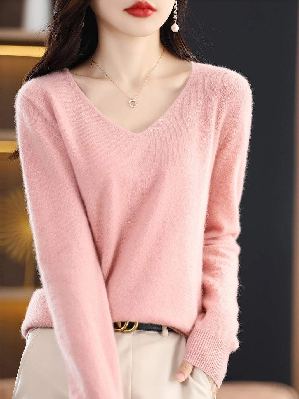 Sweater for Women 100% Merino Wool V Neck Sweater Fall Winter Basic Warm Pullovers Long Sleeve Soft Knit Jumpers Female Clothing