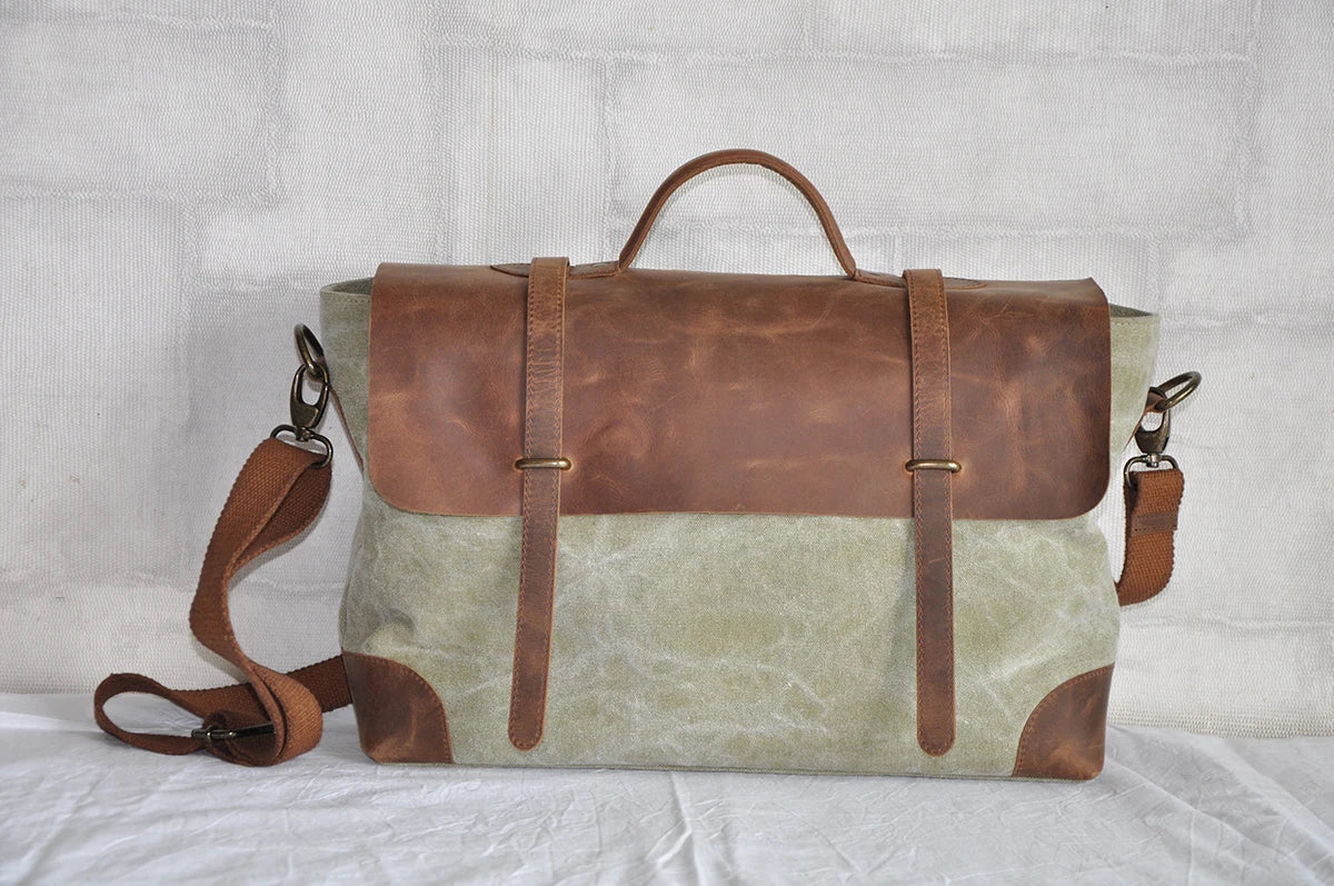 Pugmark England Style Vintage Fashion Laptop Messenger Bag Vegan Waxed Canvas Striped Small Daily Used Lightweight Anti-Theft